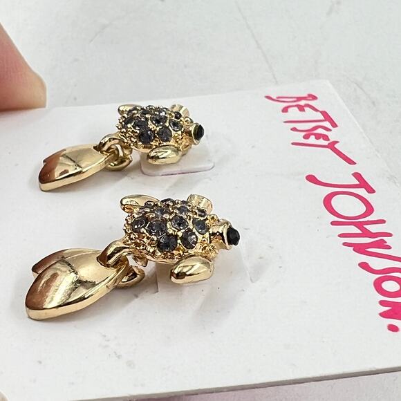 Betsey Johnson Sea Turtle Earrings Gold Tone Gray and Black Rhinestones - Picture 4 of 6